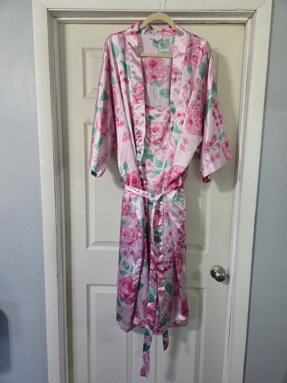Pink Floral Satin Robe with Belt - Women’s Intimates & Sleepwear